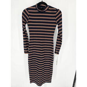 Sequin Heart Womens Sz XS Midi Length Sweater Dress Blue Orange Striped NEW